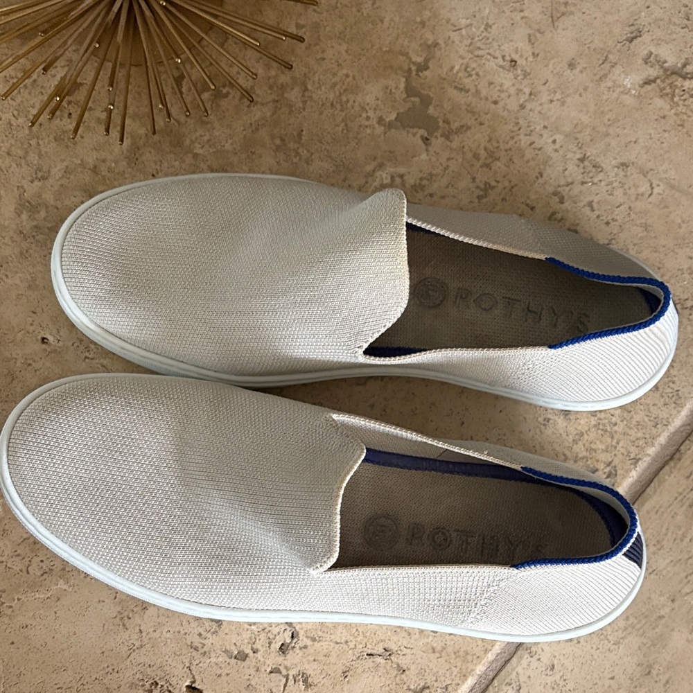 Rothy's Cream Slip-On Shoes with Blue Accents